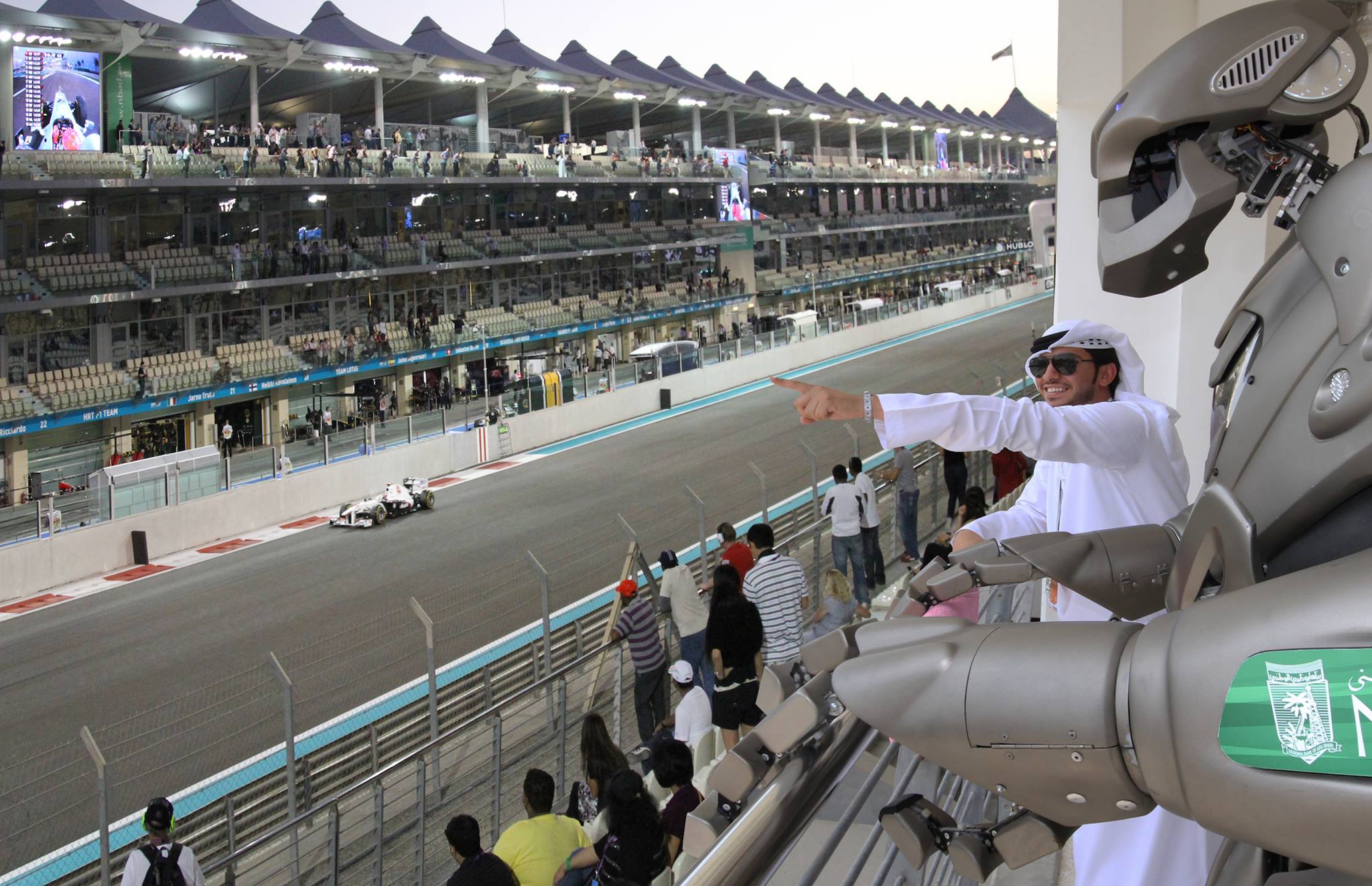 Titan the Robot watches the Grand Prix qualifying at the Abu Dhabi F1 Grand Prix. 