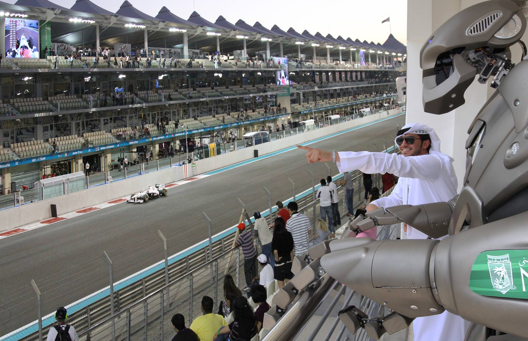 Titan the Robot watches the Grand Prix qualifying at the Abu Dhabi F1 Grand Prix.