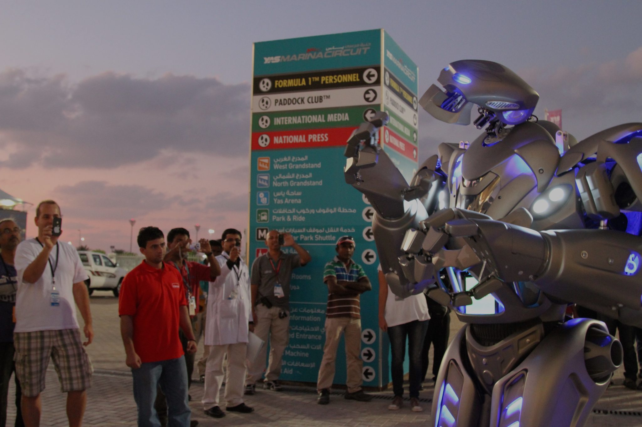 Titan the Robot in the early evening entertaining crowds at the Abu Dhabi F1 Grand Prix.