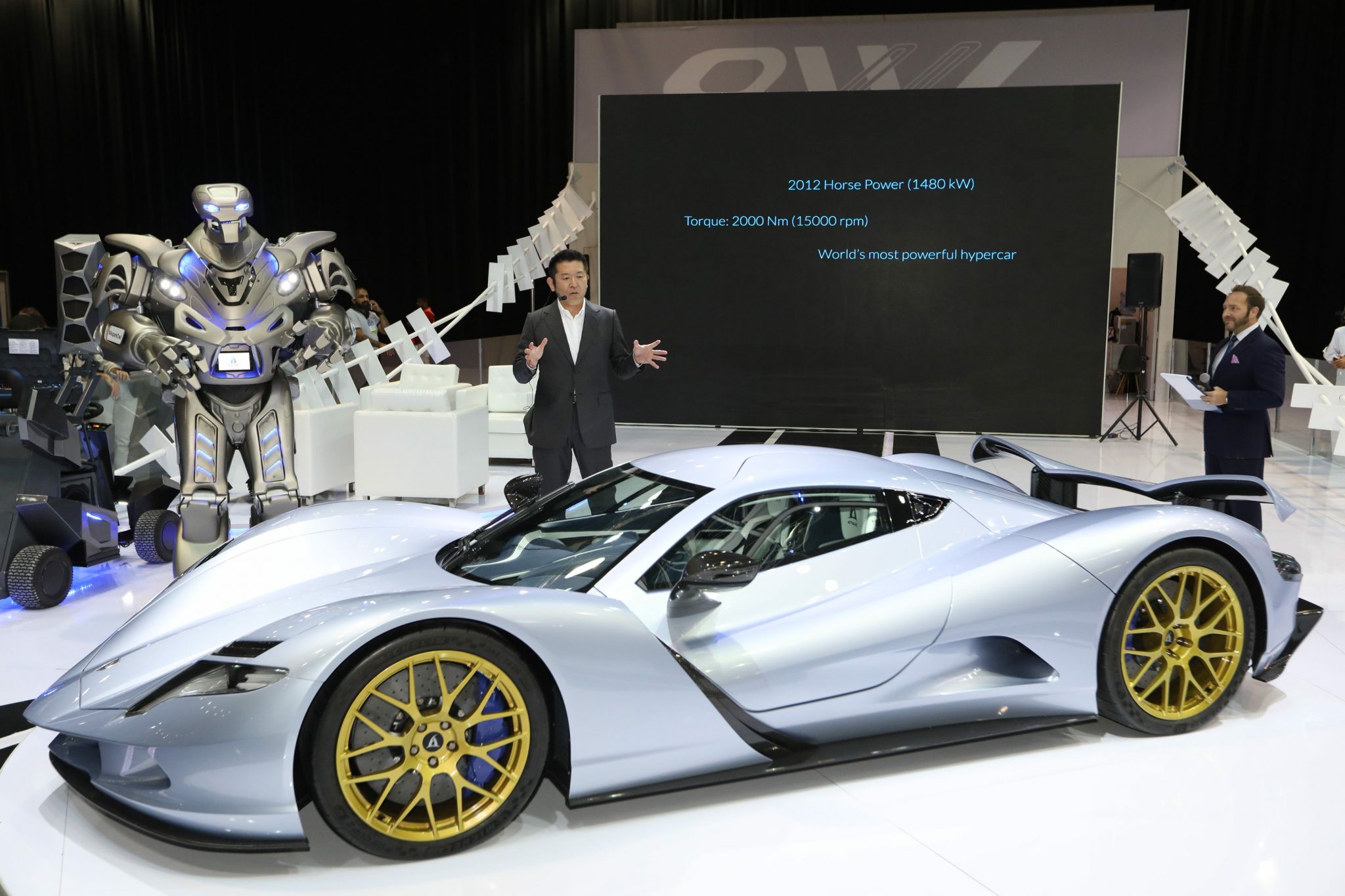 Titan the Robot at the launch of the Aspark Owl, the worlds fastest hyper car in Dubai, UAE
