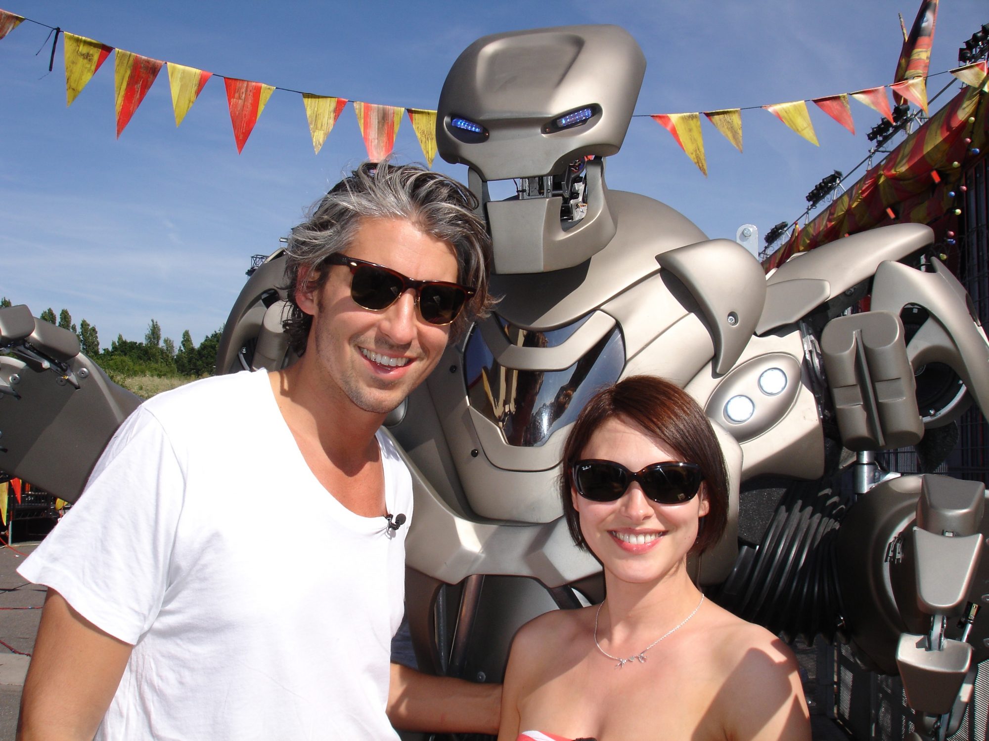 Titan the Robot meets Emma Willis and George Lamb on the Big Brother set. 