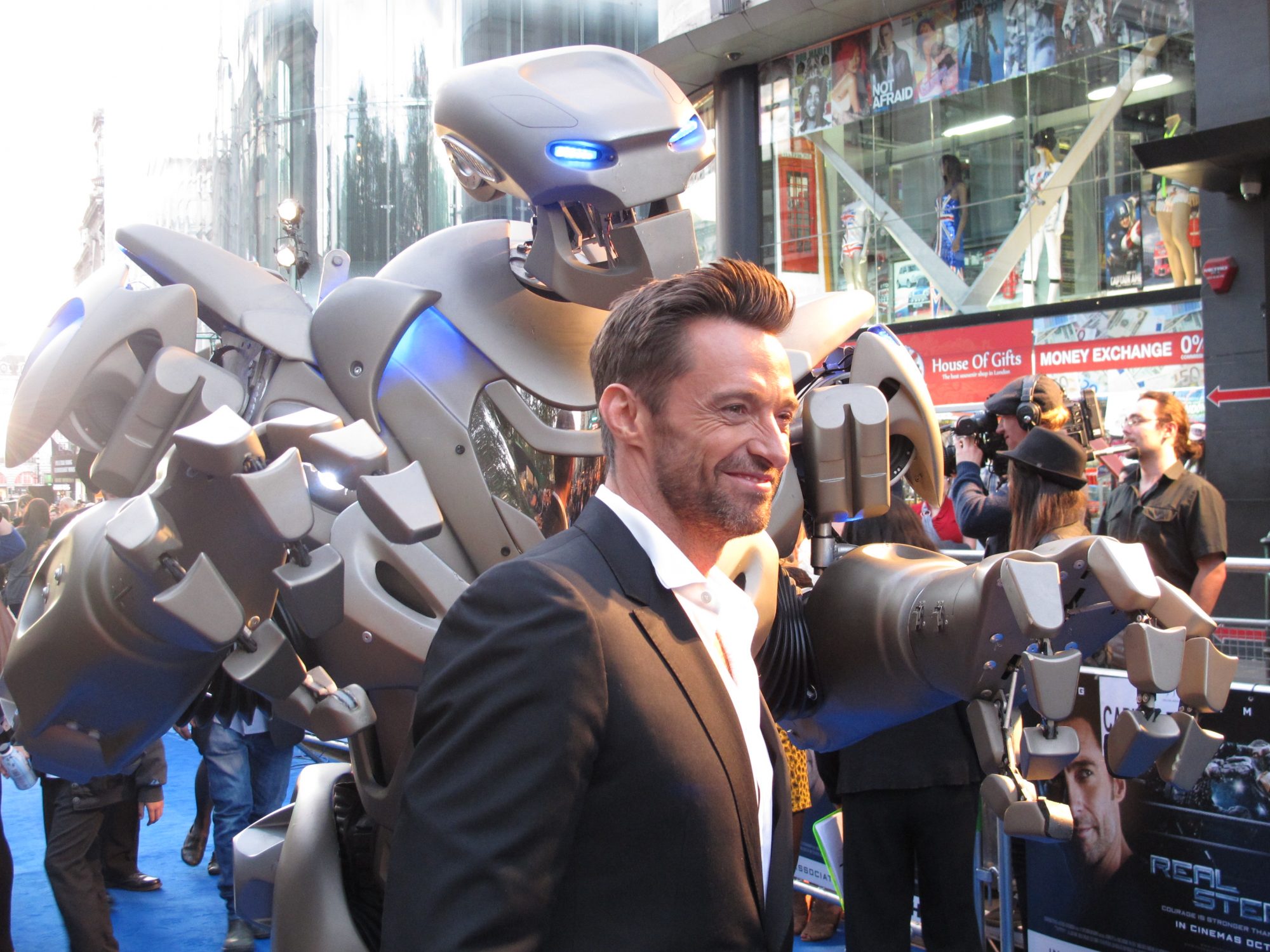 Titan the Robot poses with Hugh Jackman at the Leicester Square premiere of Real Steel.