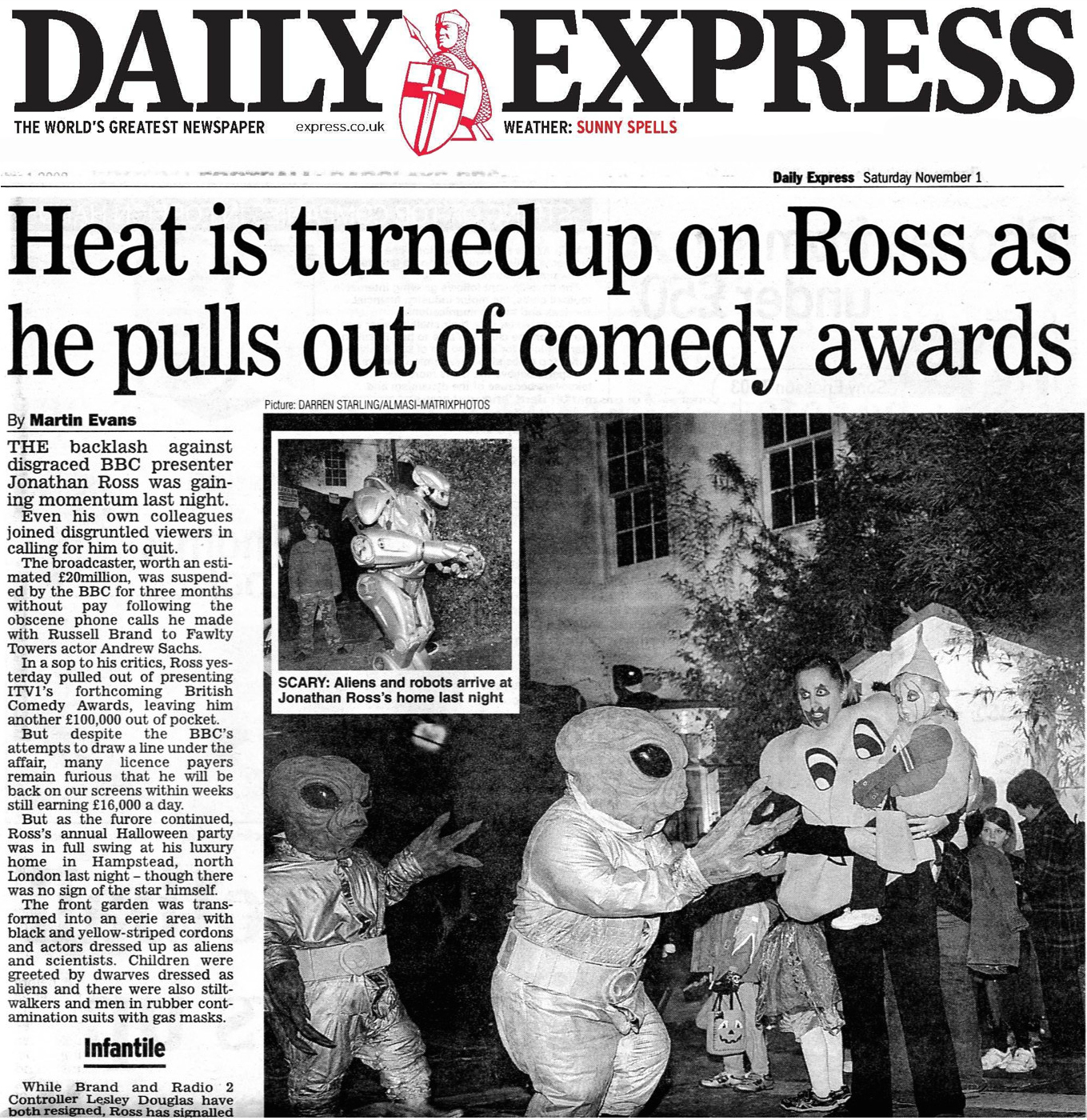 Titan the Robot in the Daily Express newspaper when he went to Jonathan Ross's famous halloween party