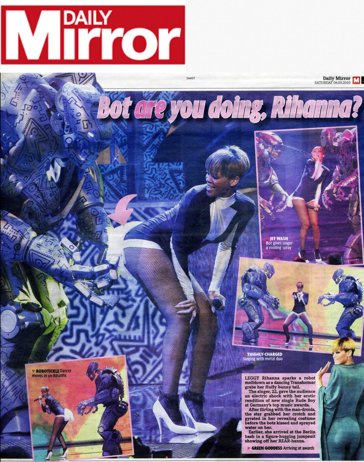 Titan the Robot with Rihanna in the Daily Mirror newspaper.