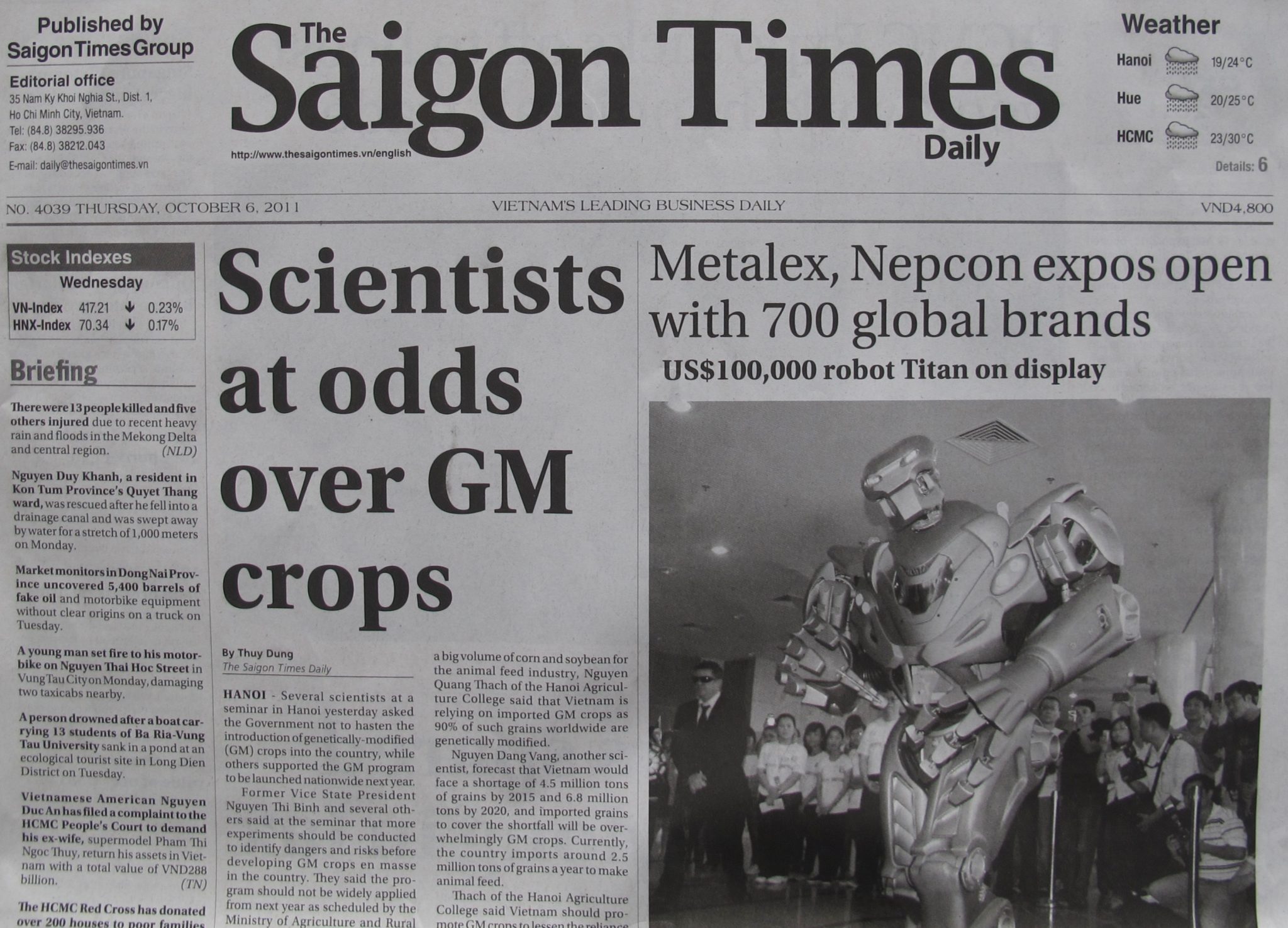 Titan the Robot on the front cover of the Saigon Times in Vietnam