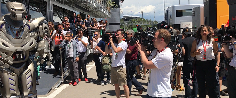 Titan the Robot getting media attention in the paddock at the Spanish F1 Grand Prix in Barcelona. 