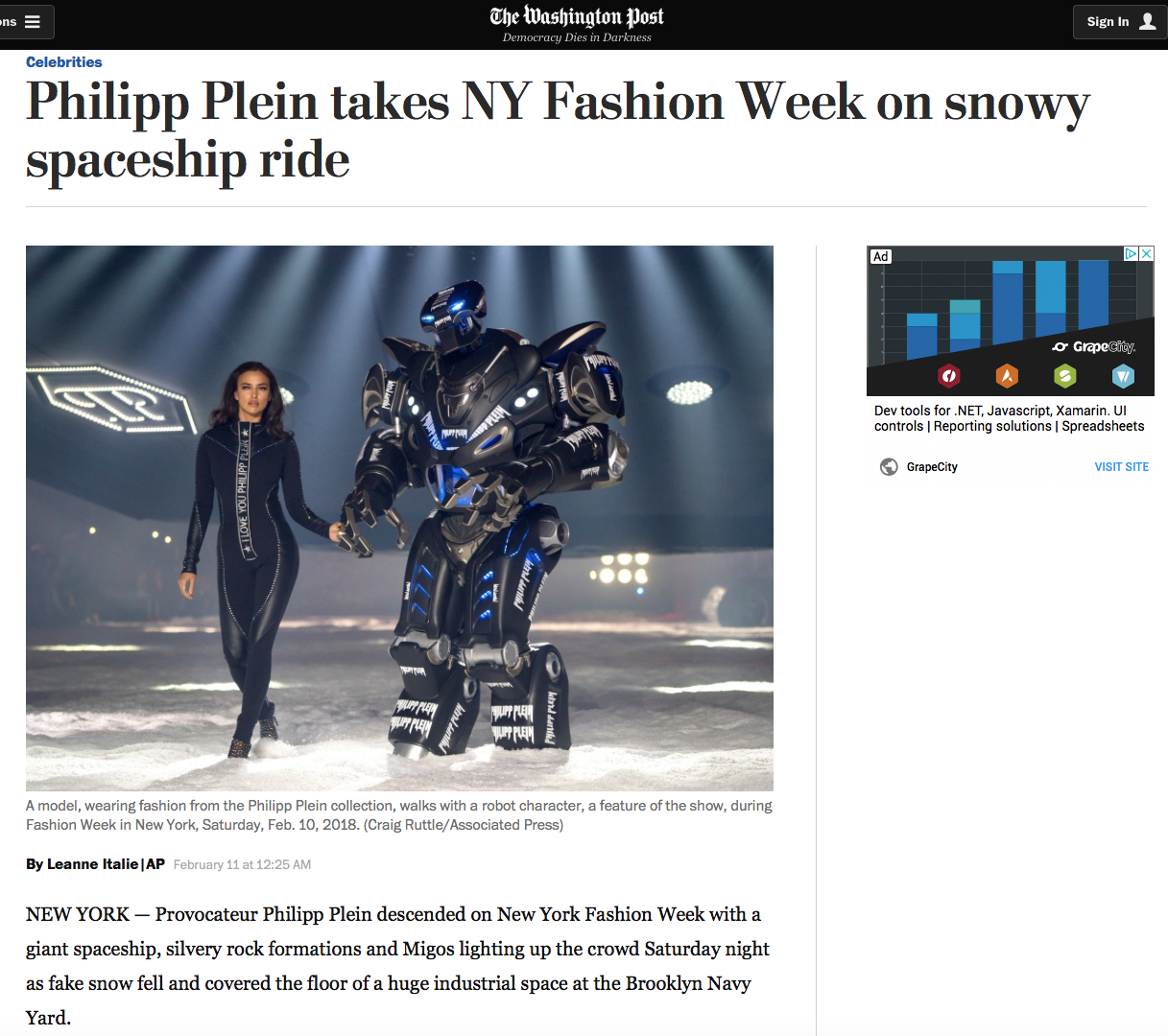 Titan the Robot appears in the Washington Post after his appearance at New York Fashion Week.