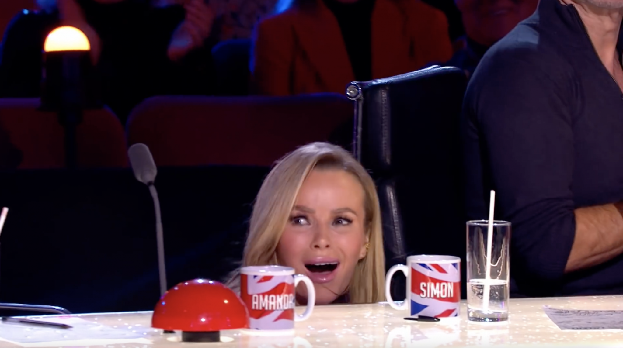 Amanda Holden hiding during Titan the Robot's Britain's Got Talent audition at the London Palladium. #BGT