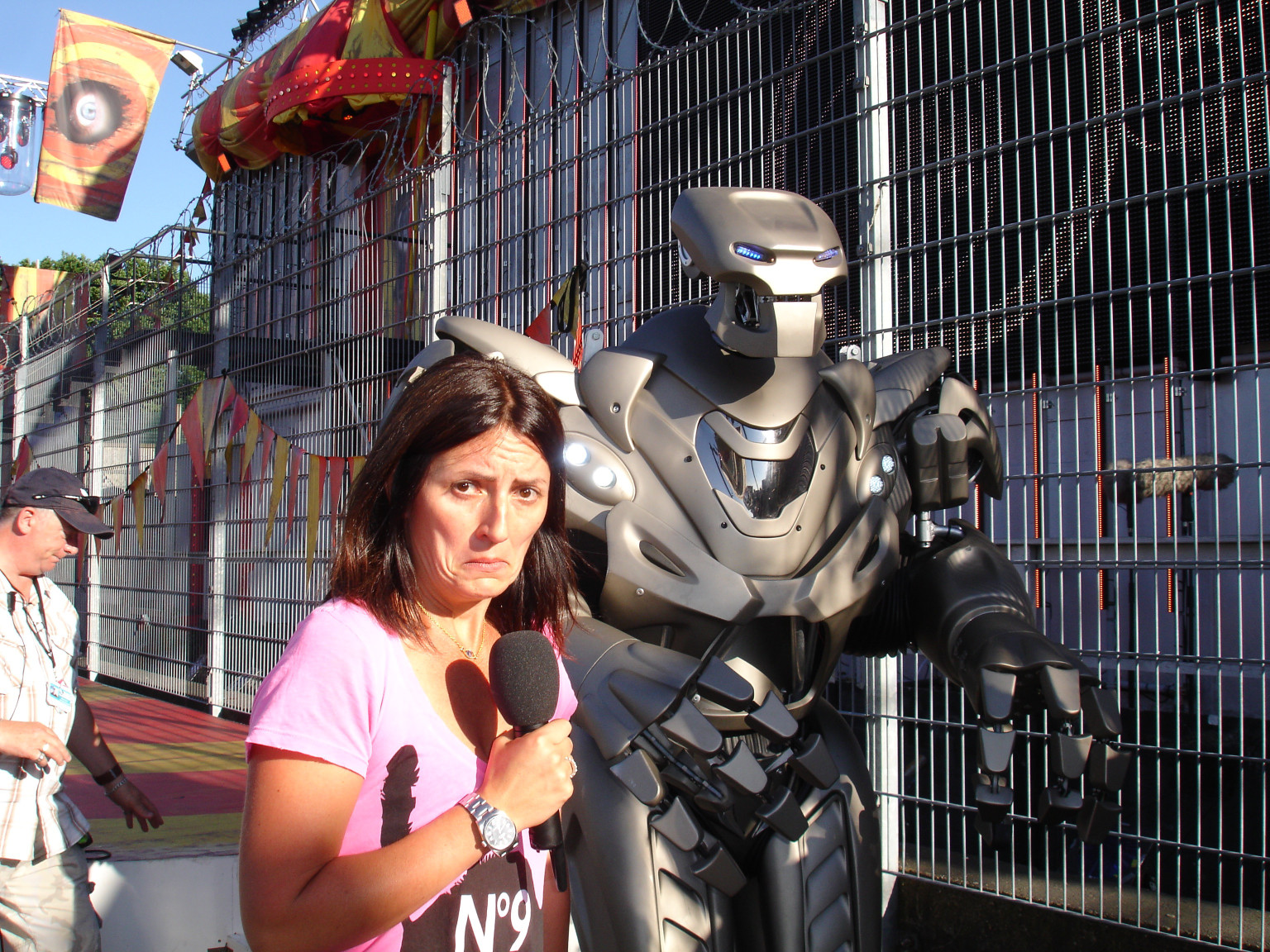 Titan the Robot on the Big Brother set with Davina McCall, eviction day.