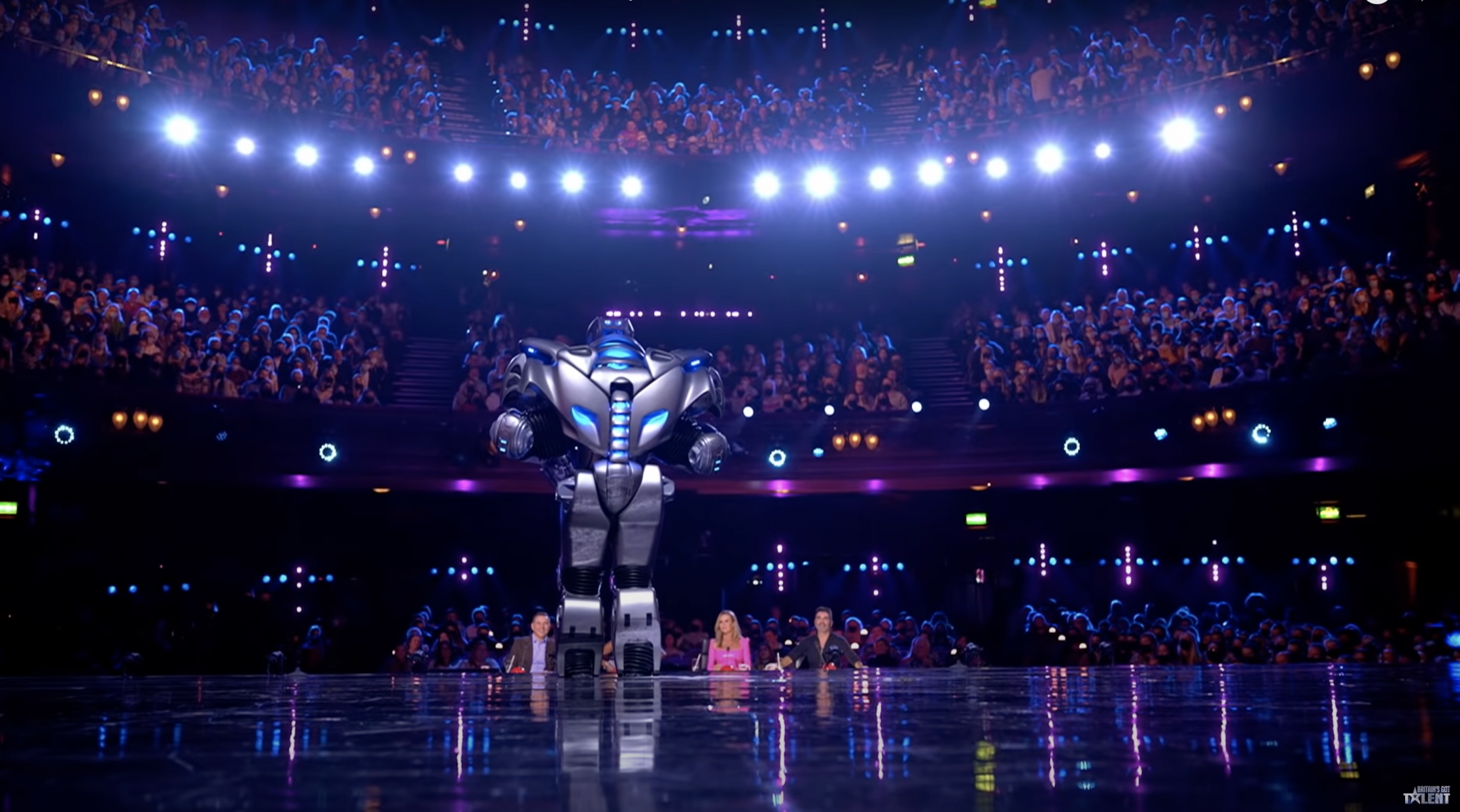 Titan the Robot faces the judges and the audience at his audition on Britain's Got Talent at the London Palladium. #BGT