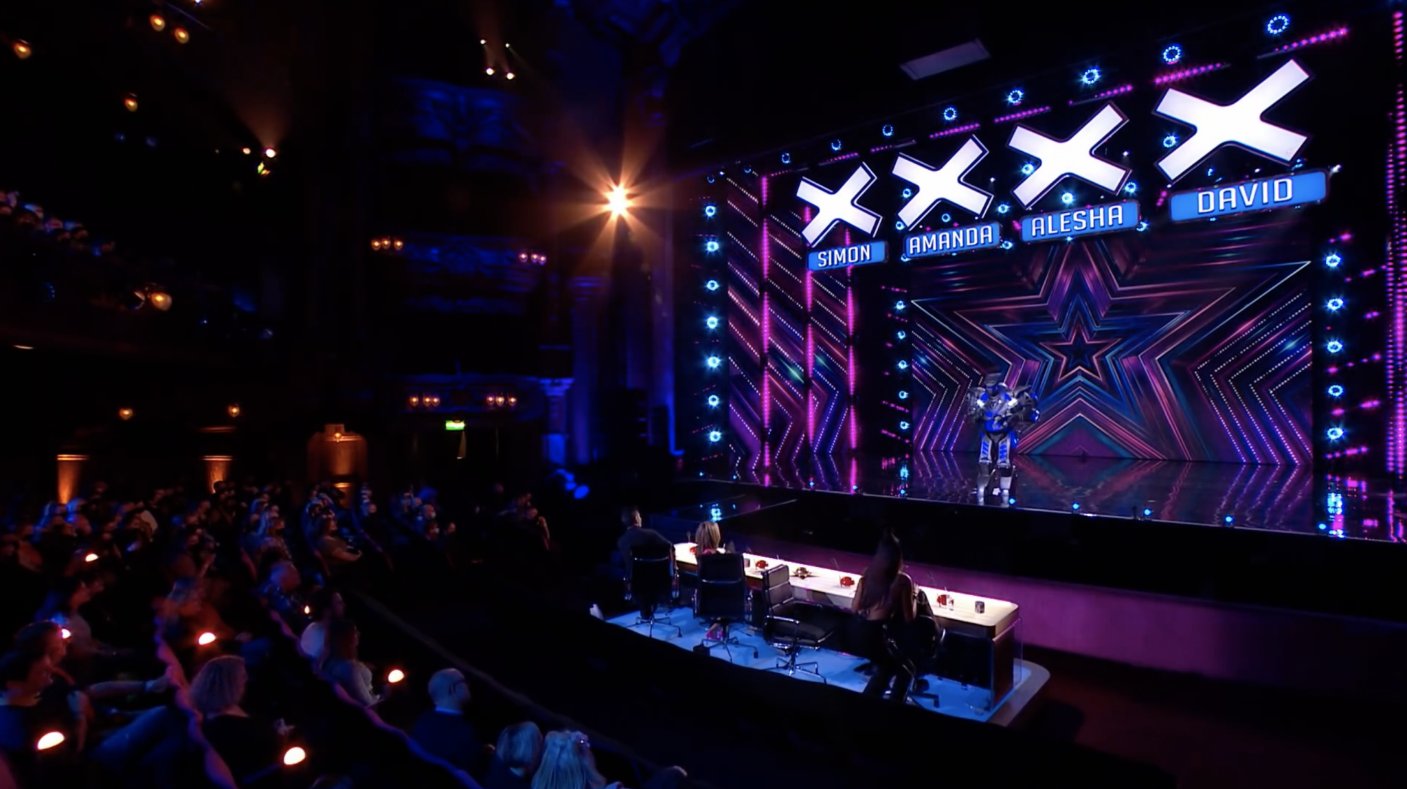 Titan the Robot and the judges during his Britain's Got Talent audition at the London Palladium. #BGT